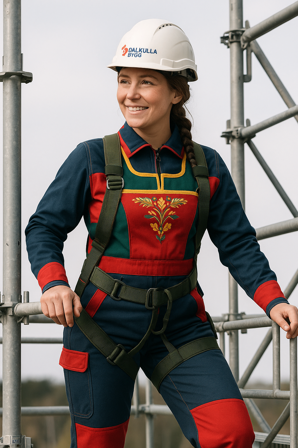 Dalkulla Bygg medarbetare i traditionell dalakläder med säkerhetsutrustning